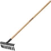 GRINDA GS-10 WOOD, 320 х 95 х 1300 мм, 10 витых зубцов, углеродистая сталь, антикор. покрытие, черенок дерев. высш. сорт, садовые грабли (39581-10)